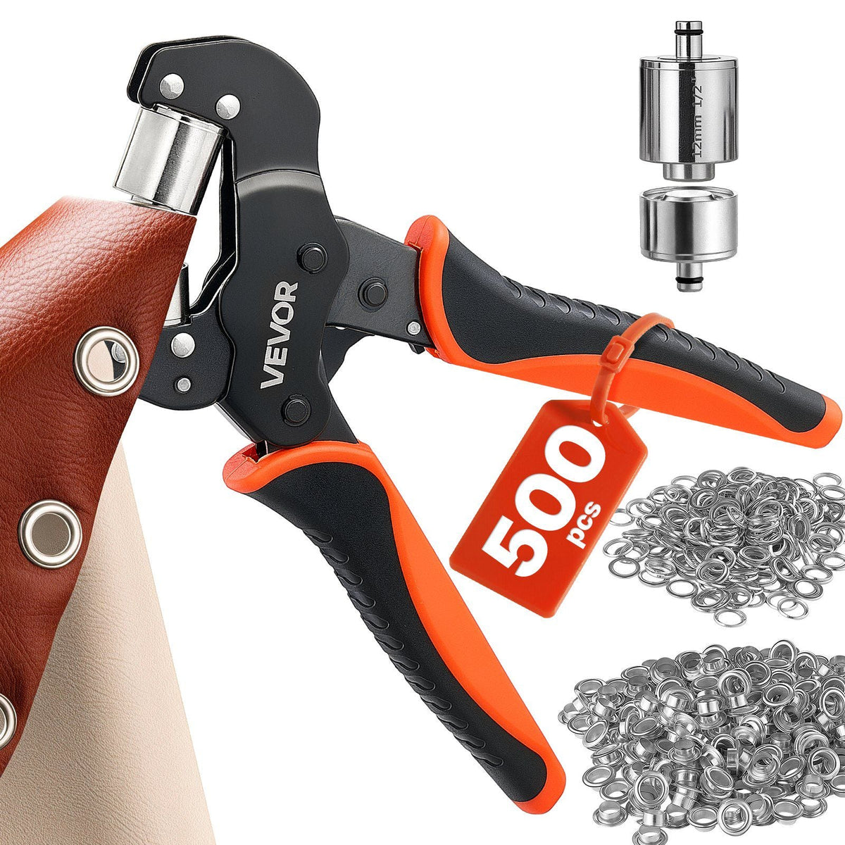 Grommet Tool Kit 1/2" Eyelet Tool Kit with 500 PCS Silver Grommets, with Eyelets and Washers, Manual Grommet Press Pliers, Hole Punch, and Block, for Leather, Tarps, Shoes, Crafts, and Fabric
