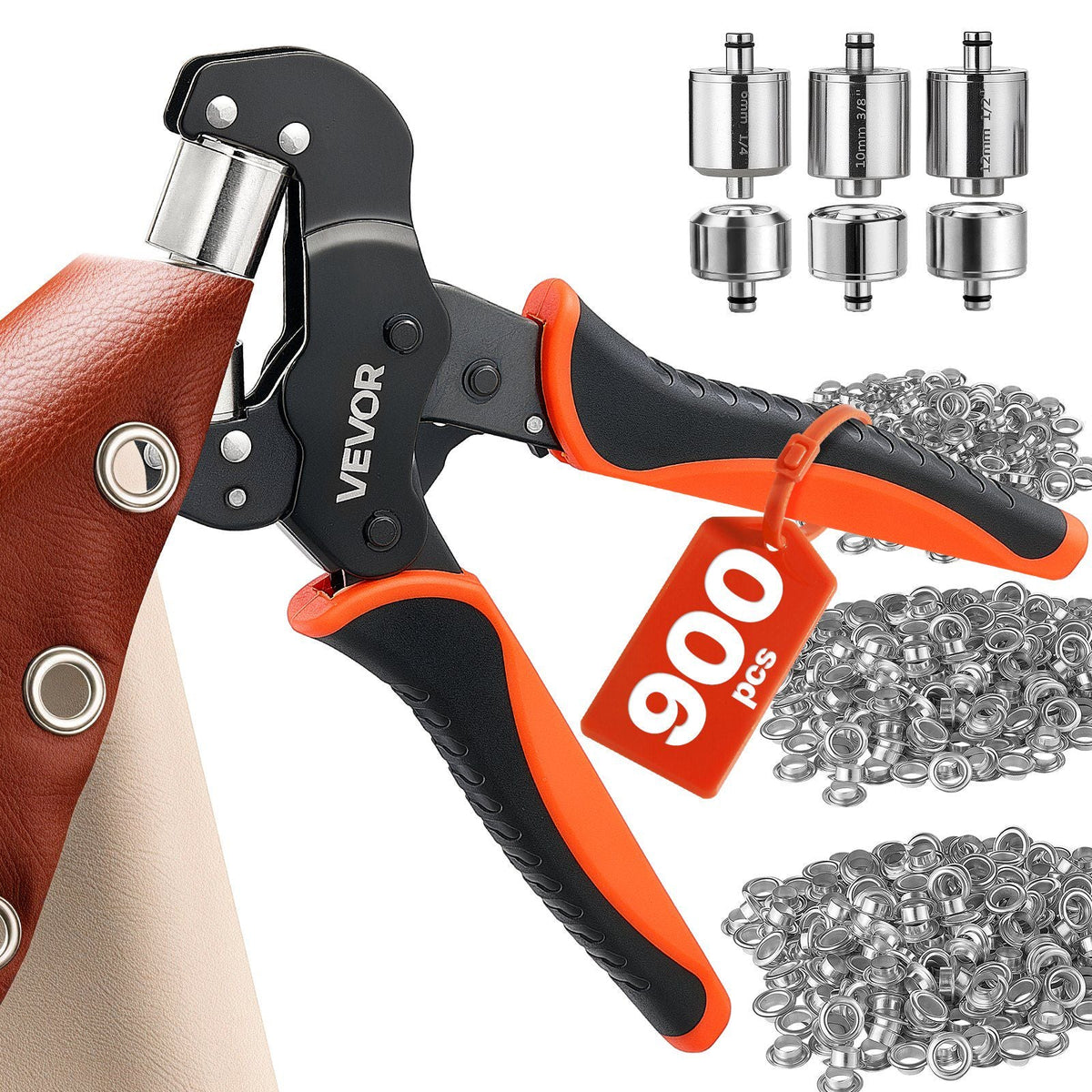 Grommet Tool Kit 1/4" 3/8" 1/2" 900 PCS Grommets Eyelet Tool Kit, with Eyelets and Washers, Manual Grommet Press Pliers, Hole Punch Tools, Blocks, for Leather, Tarps, Shoes, Crafts, Fabric