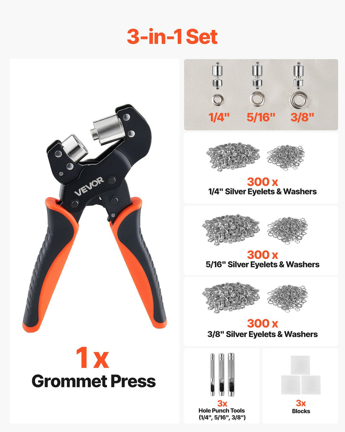 Grommet Tool Kit 1/4" 5/16" 3/8" 900 PCS Grommets Eyelet Tool Kit, with Eyelets and Washers, Manual Grommet Press Pliers, Hole Punch Tools, Blocks, for Leather, Tarps, Shoes, Crafts, Fabric