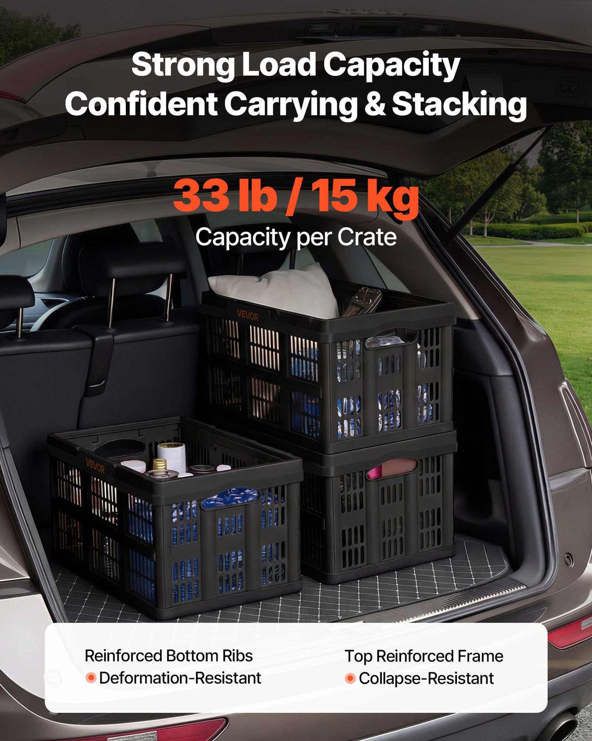 Plastic Collapsible Storage Bins, 45L 3 Packs, Stackable Folding Storage Crates with Handles, Holds 33 lbs Per Bin, Foldable Heavy Duty Containers, Space-Saving Baskets, for Home Organizing