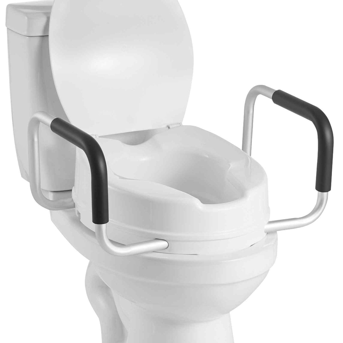 Raised Toilet Seat with Arms, 300 lbs Load Capacity, 4-Inch Lift Height, Widened Commode Elevated Toilet Seat Riser with Padded Handles for Seniors, Elderly, Handicap, Disabled, and Adults Use