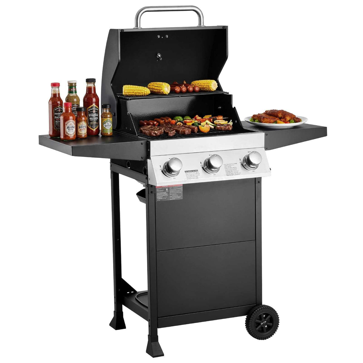 Gas Grill, 3 Burner Propane Gas Grill with Spacious 338 SQ.In Grilling Area, Carbon Steel Enamel Grates, Outdoor 36,000 BTU Patio Garden BBQ Grills with Foldable Side Shelves, Carbon Steel