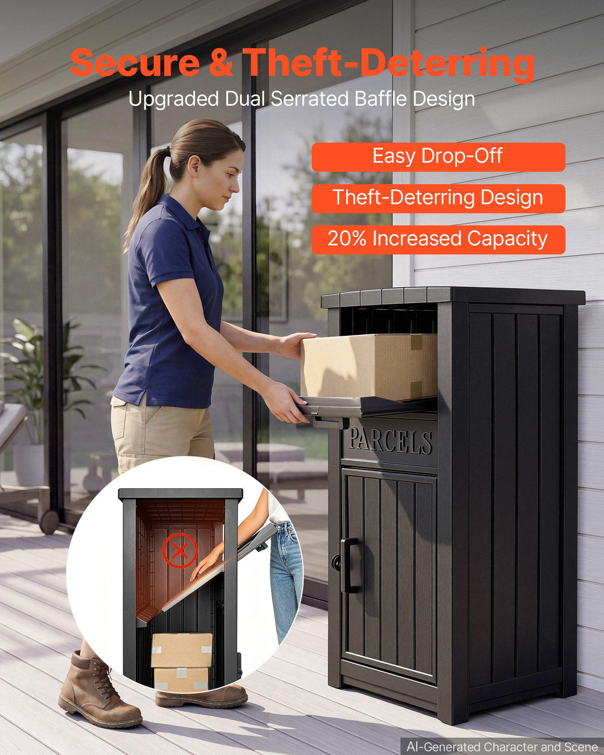 Package Delivery Box for Outside 44.13 in Large Parcel Drop Box Black, for Porch, Curbside & House Storage, Lockable Anti-Theft Waterproof Weatherproof, Thick PP Secure Mailbox for Outdoor Use