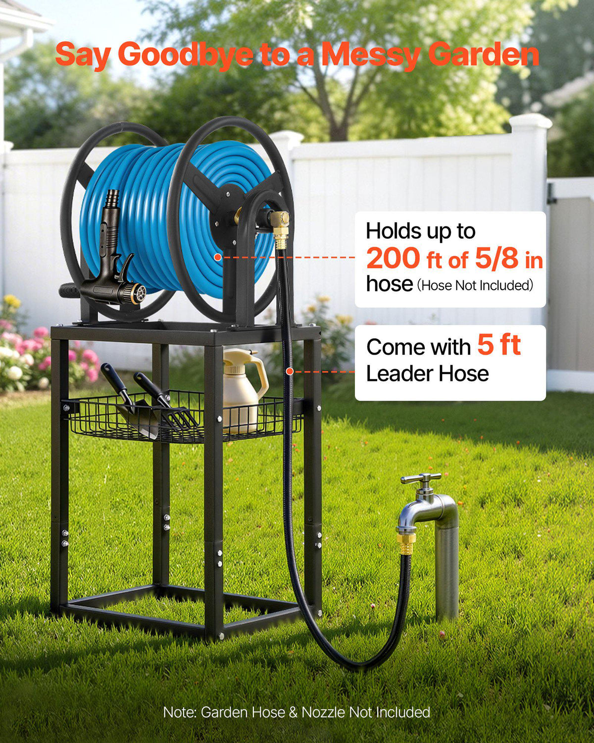 Freestanding Garden Hose Reel, Holds 200 Feet of 5/8-inch Hose, Wall Mount or Ground Mount, Detachable Holder Stand with Storage Rack, 5 ft Leader Hose, Brass Fitting, 4 Spikes, for Backyards