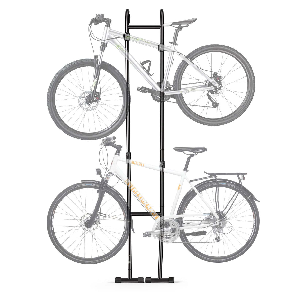 Bike Stand for 2 Bikes, Freestanding Vertical Bike Storage Rack, with Height-Adjustable Hooks, Heavy-Duty Carbon Steel Standing Bicycle Floor Stand, Ideal for Garage, Apartment, Home, Black