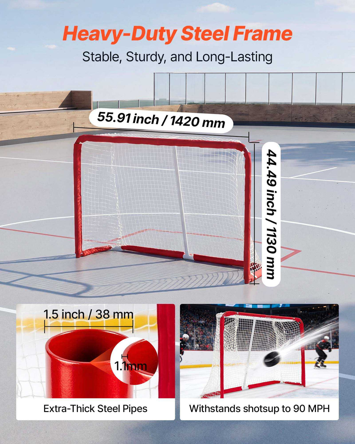Street Hockey Goal, Heavy-Duty Steel Street + Roller Hockey Nets, Durable Hockey Net for Indoor Outdoor Use, Lightweight Portable Training, Easy Assembly for Backyard Park Garage, 55.9 x 44.5 in