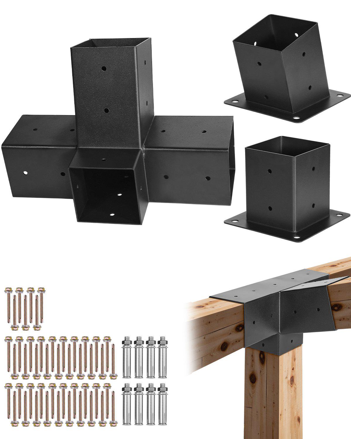 Pergola Kit, 4x4 Inch 4-Way Slanted Bracket for 3.5x3.5 Inch Wood Beams in Actual Size, Carbon Steel Pergola Bracket with Post Base and Wall Mount Base, for Outdoor Pergolas, Gazebos, Sheds