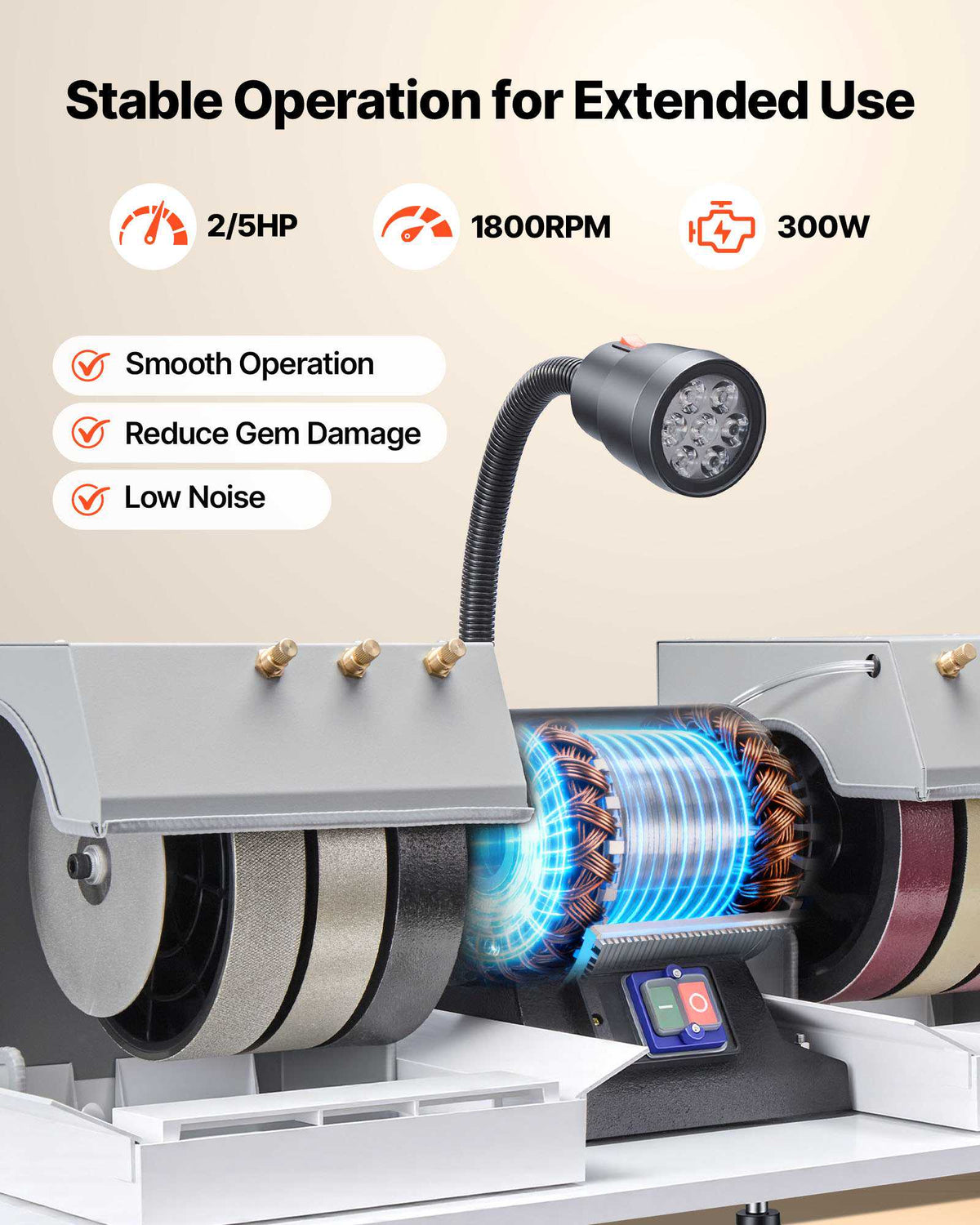 Cabbing Machine, 8" 3/4 HP 1800 RPM Efficient, Lapidary Rock Grinder Polisher With Diamond and Resin Wheels, LED Lamp, Water System, Lapidary Equipment for Gemstone Grinding, Stone Polishing
