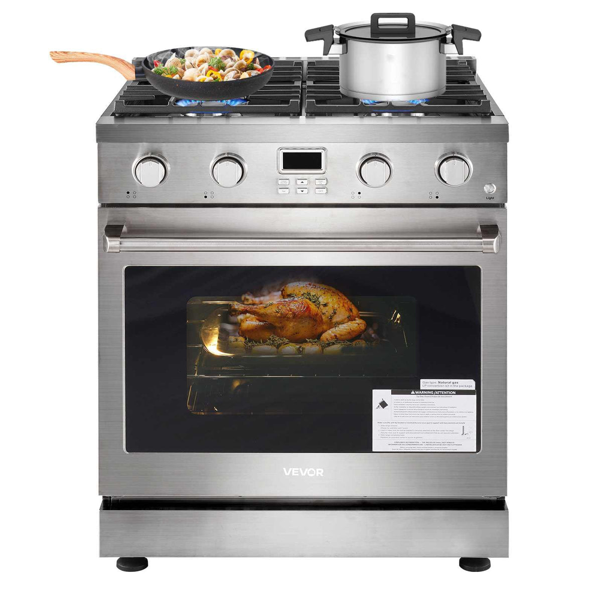 Gas Range Oven, 29.9 Inches Width, Freestanding Stainless Steel Stove and Oven with 4 Sealed Cooktop Burners, Easy Reach Racks, Halogen Light, 4.8 Cu. Ft. Capacity, for Apartment, Home, Kitchen