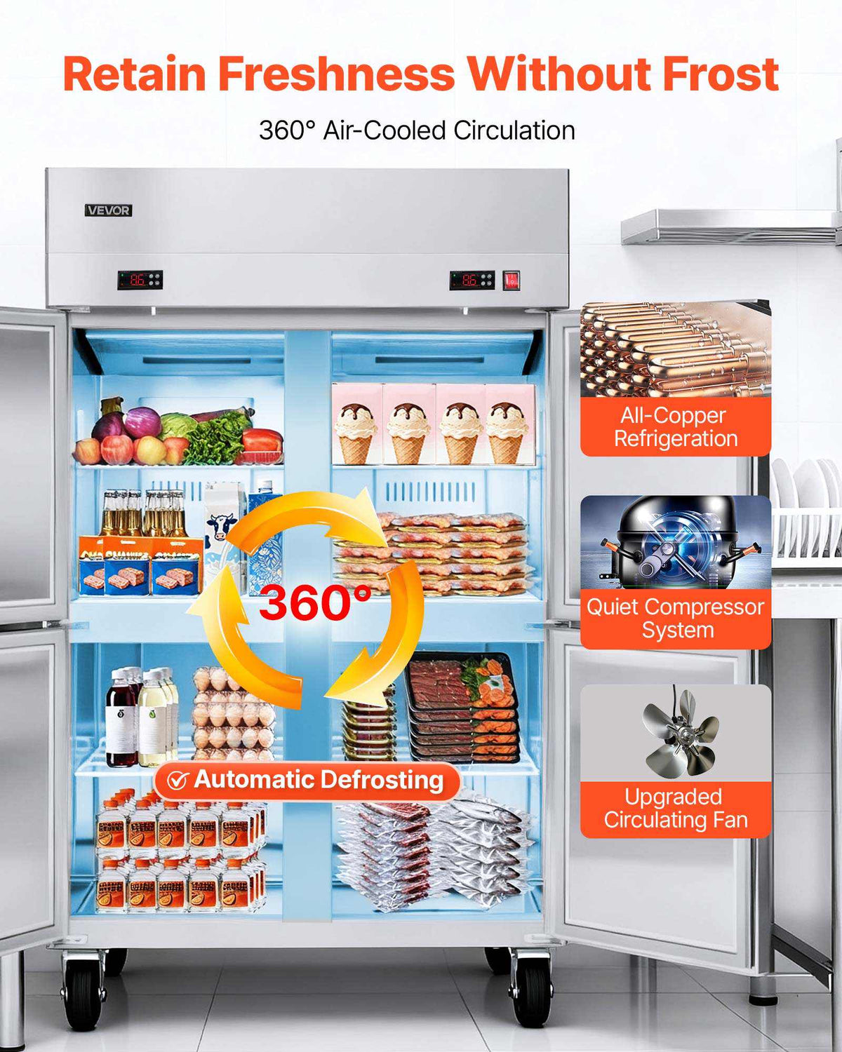 Commercial Refrigerator and Freezer Combo 48"W, 31 Cu.Ft Stainless Steel Upright Freezer/Refrigerator with 4 Doors, Auto-Defrost, 6 Adjustable Shelves, UL Certified