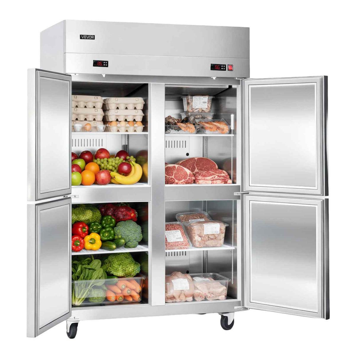 Commercial Refrigerator and Freezer Combo 48"W, 31 Cu.Ft Stainless Steel Upright Freezer/Refrigerator with 4 Doors, Auto-Defrost, 6 Adjustable Shelves, UL Certified