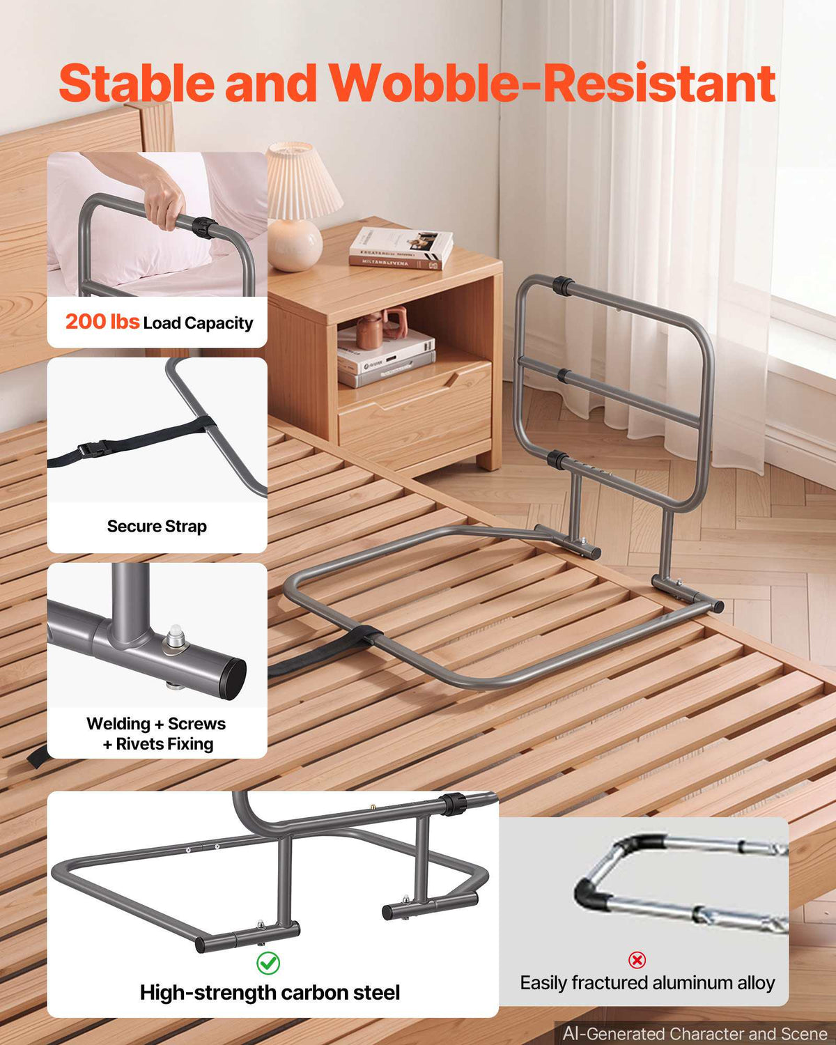 Bed Rails for Elderly Adults 200LBS Capacity Bed Side Assist Rail, High-Strength Steel, L-Shaped Bedside Cane for Seniors, Adjustable Handle Length, Fits King Queen Full Twin Beds