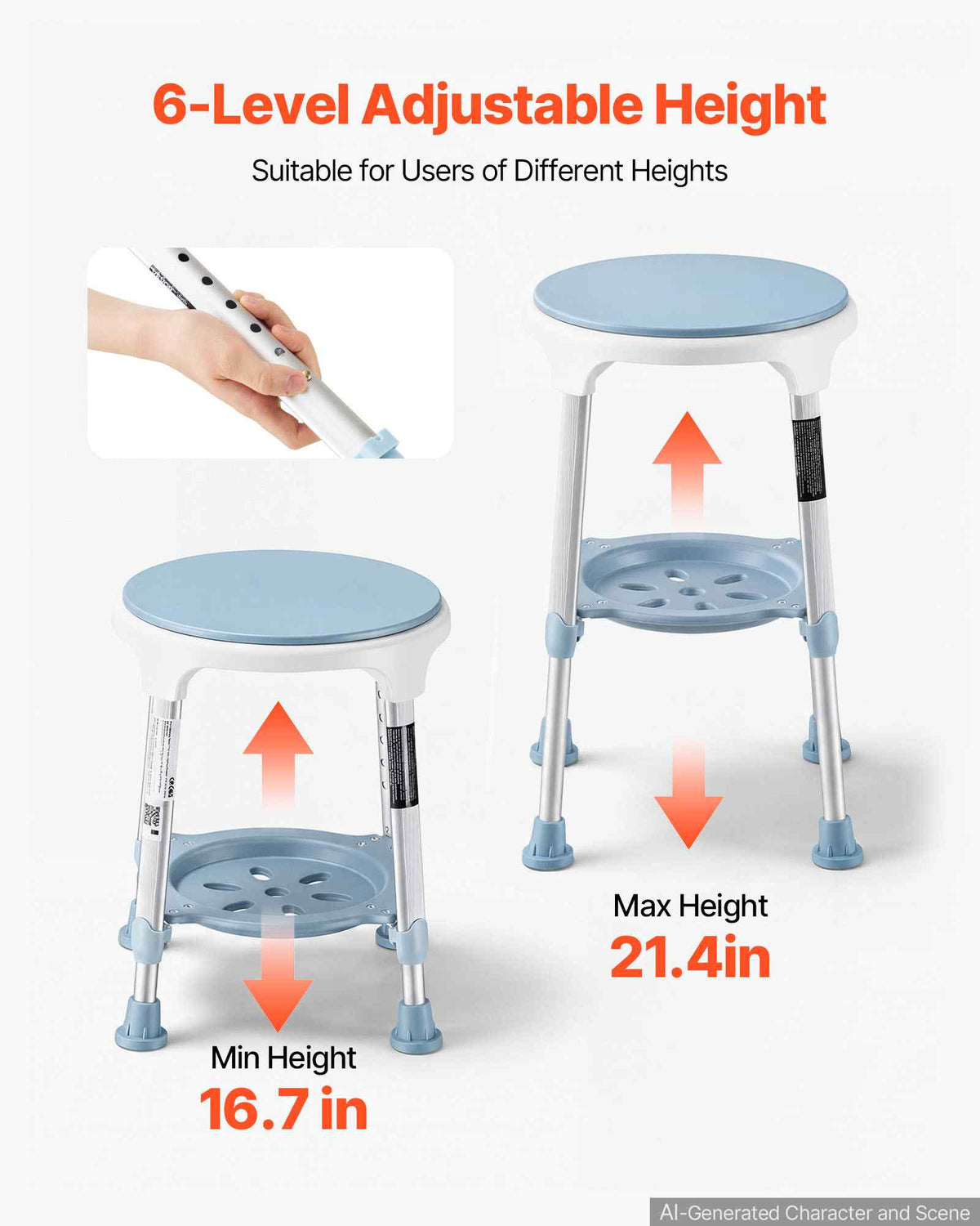 Swivel Shower Chair 360 Degree, Height Adjustable Bath Seat for Inside Showers or Tubs, Non-Slip Rotating Bathtub Stool with Storage Tray for Elderly Disabled Injured, 350LBS Capacity