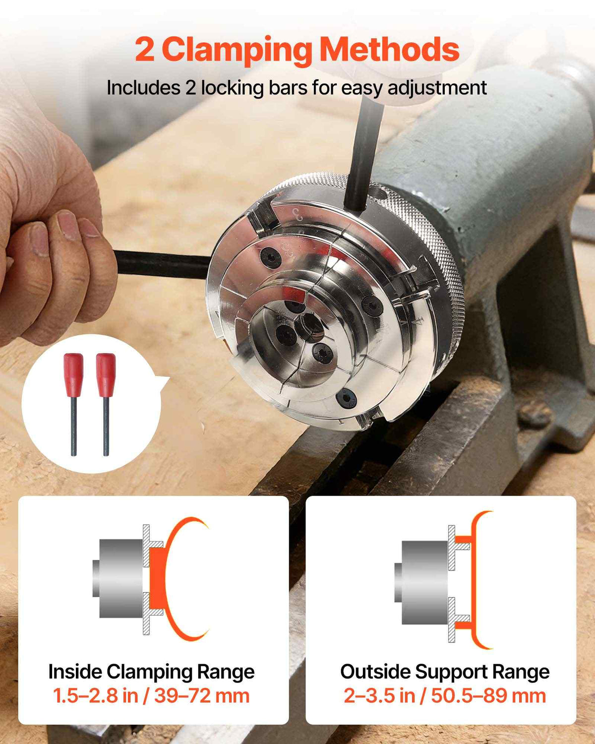 4 Inch Wood Lathe Chuck, 4-Jaw, Self-Centering Wood Turning Chuck Set with 1" x 8TPI Thread & Adapter, Nickel-Plated, High-Hardness Steel, Inside Clamping & Outside Support, for Woodworking