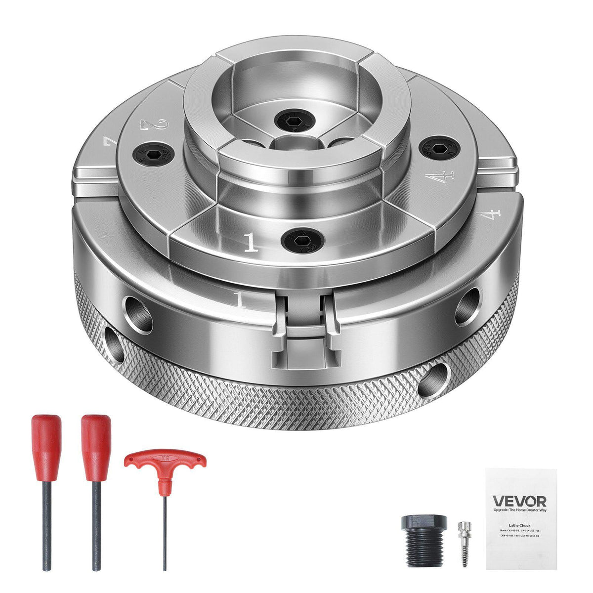 4 Inch Wood Lathe Chuck, 4-Jaw, Self-Centering Wood Turning Chuck Set with 1" x 8TPI Thread & Adapter, Nickel-Plated, High-Hardness Steel, Inside Clamping & Outside Support, for Woodworking