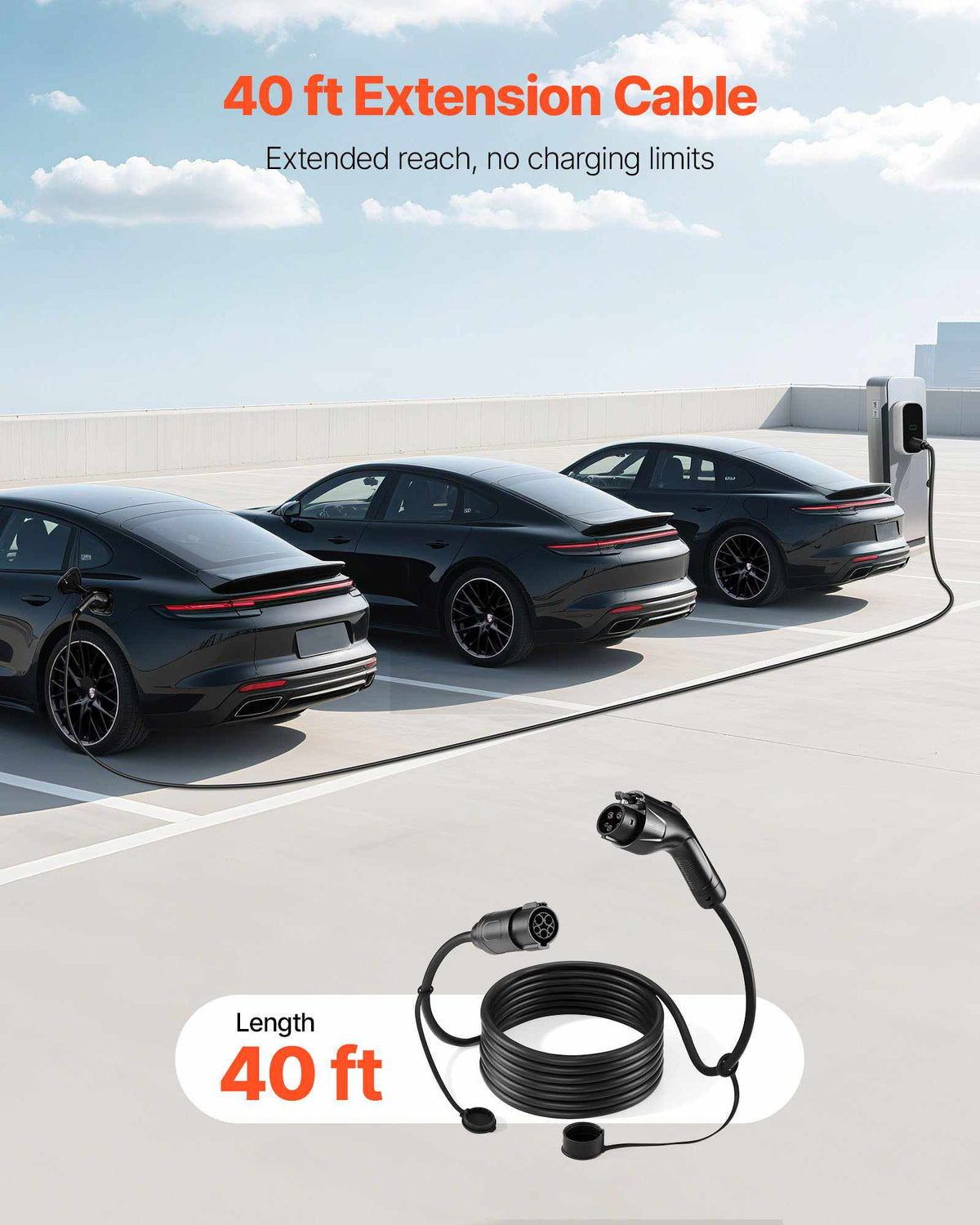 EV Charger Extension Cable, 40Amp 40 ft J1772 Extension Cord Compatible with 120V-240V SAE J1772 Electric Vehicle Chargers, Level 1/Level 2 IP66 Heavy Duty Car Charging Cable with Carrying Bag