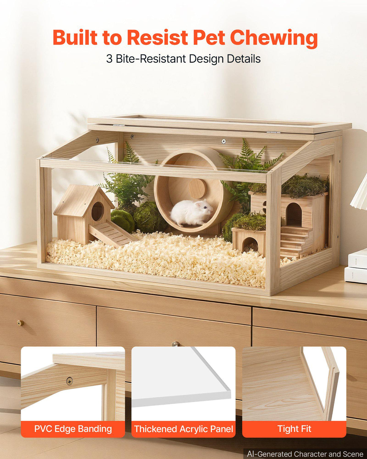 Wooden Hamster Cage 31.9"x16.1"x16.1" 270° Viewing Hamster Habitat, Chewproof Acrylic Small Animal Cage with Openable Top, Large Pet Enclosure for Syrian/Dwarf Hamsters, Guinea Pigs & Gerbils