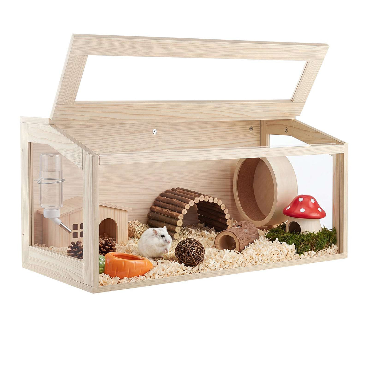 Wooden Hamster Cage 31.9"x16.1"x16.1" 270° Viewing Hamster Habitat, Chewproof Acrylic Small Animal Cage with Openable Top, Large Pet Enclosure for Syrian/Dwarf Hamsters, Guinea Pigs & Gerbils