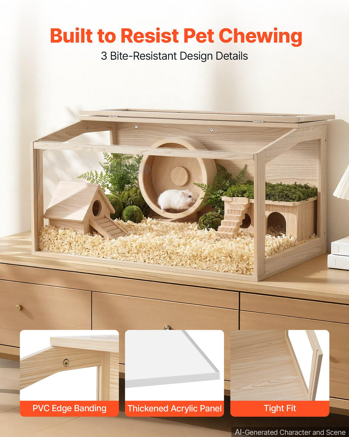 Wooden Hamster Cage 40.1"x20.4"x20.1" 270° Viewing Hamster Habitat, Chewproof Acrylic Small Animal Cage with Openable Top, Large Pet Enclosure for Syrian/Dwarf Hamsters, Guinea Pigs & Gerbils