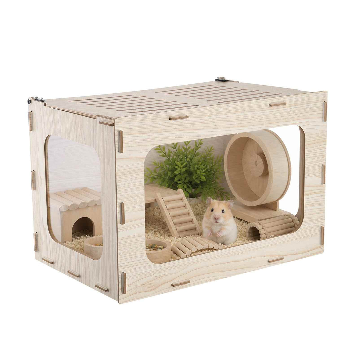 Wooden Hamster Cage 23.8"x15.9"x15.9" 270° Viewing Hamster Habitat, Chewproof Small Animal Cage with Openable Top, Large Pet House Wood Enclosure for Syrian/Dwarf Hamsters, Guinea Pigs, Gerbils