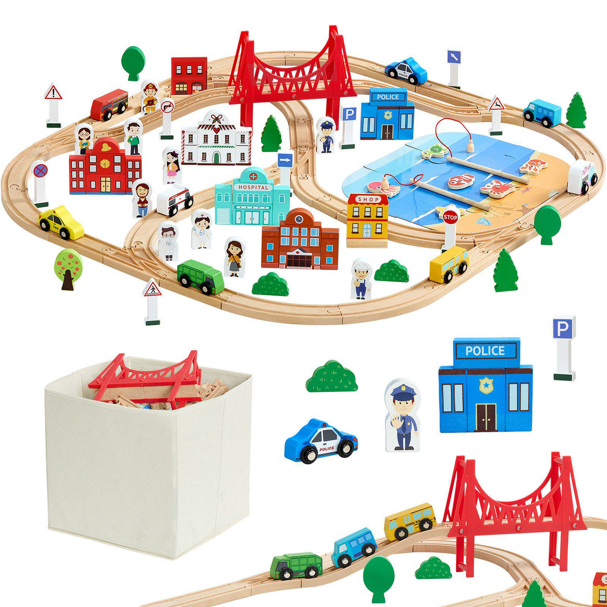 113PCS Wooden Train Set, for Kids Ages 3-8, Wood Train Track Toy with Storage Box, City Scene Railway Playset, Compatible with Major Brands, Christmas Birthday Toy for Toddlers Boys and Girls