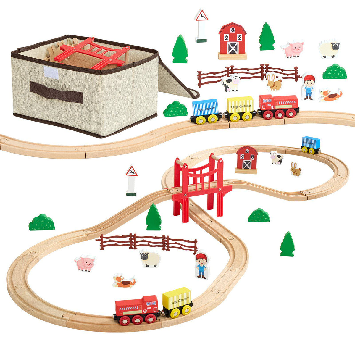 Wooden Train Set, 39PCS, Wood Train Track with Magnetic Trains and Railway Accessories, Compatible with Major Brands, Small Town, Christmas Birthday Toy for Kids Toddlers Ages 3-8 Boys and Girls