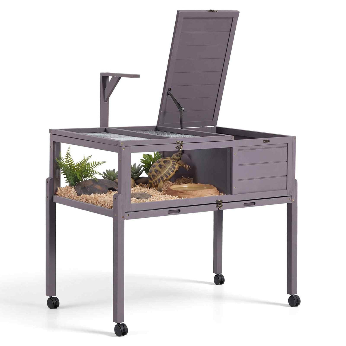 Tortoise Habitat 2-Room Wooden Tortoise House with Swivel Casters, for Small Animals Indoor Outdoor, Pull-Out Tray, Lamp Stand, Turtle Enclosure Reptile Cage with Openable Roof, Viewing Window