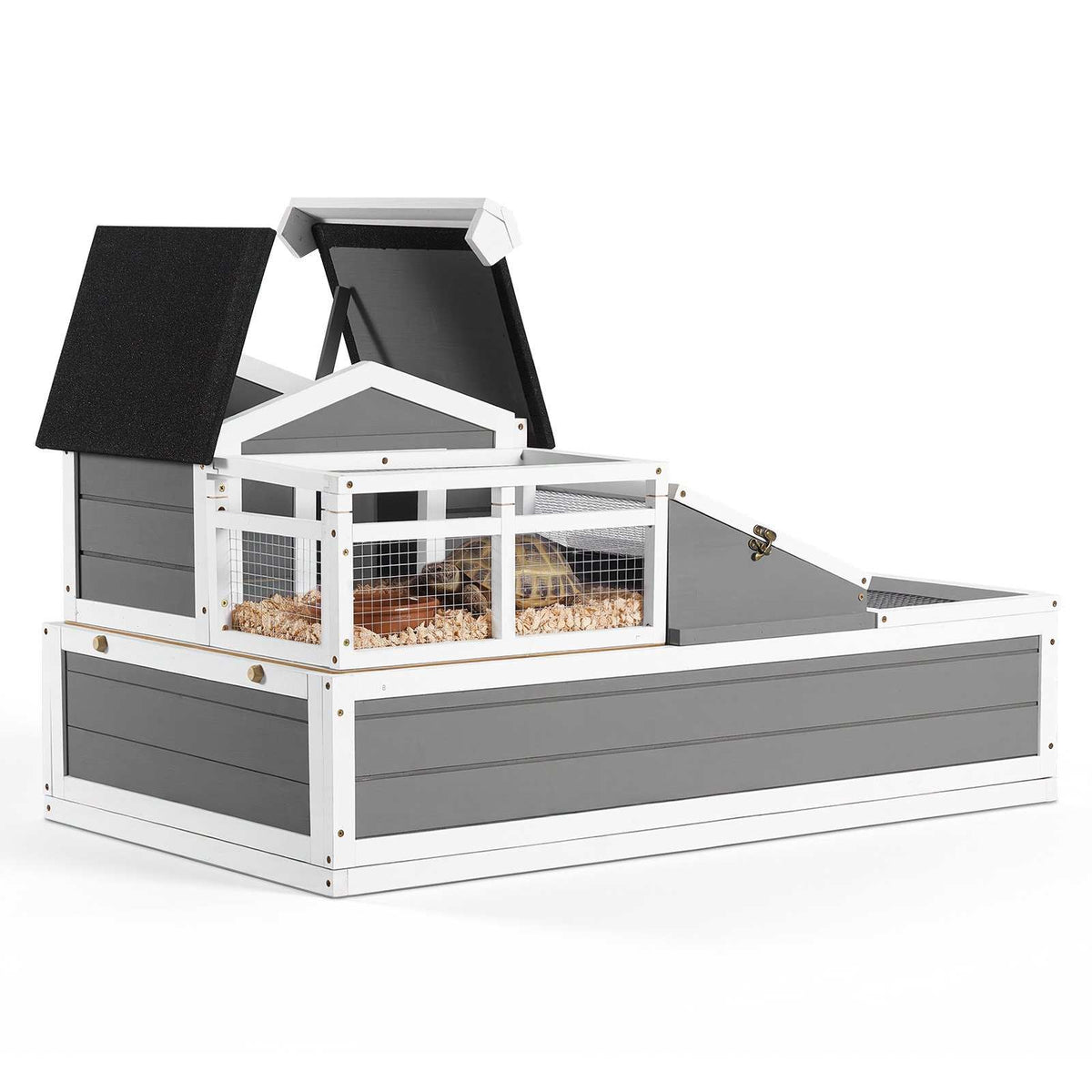 Tortoise Habitat 4-Room Wooden Tortoise House with Balcony 2 Stories, for Small Animals Indoor Outdoor, Built-in Ramp, Indoor Large Turtle Enclosure Reptile Cage with Openable Roof, Viewing Area