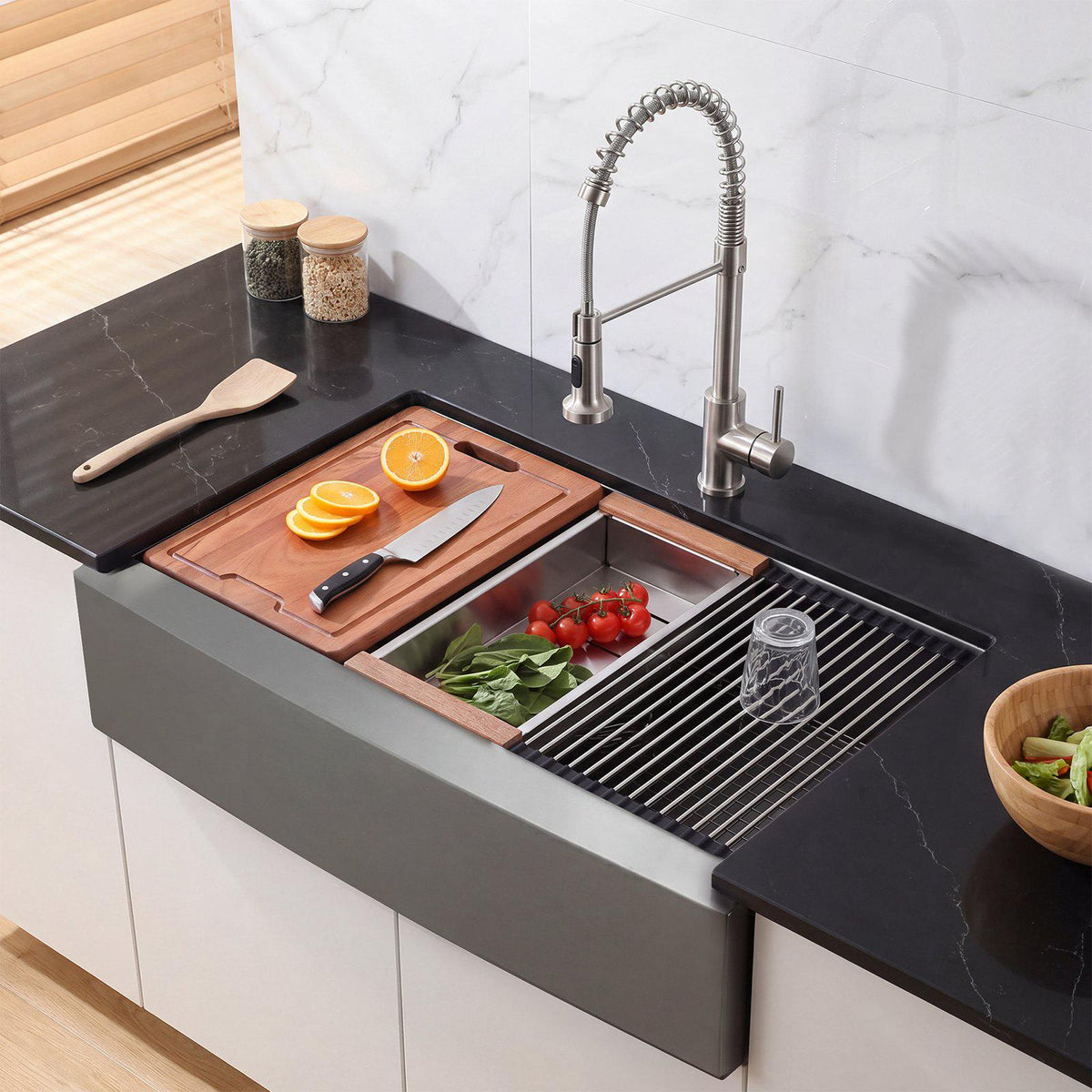33-inch Kitchen Undermount Single Bowl Sinks, Stainless Steel Drop-In Farmhouse Basin with Ledge & Accessories, Household Dishwasher Sinks for RV, Prep Kitchen, Laundry Room, Bar