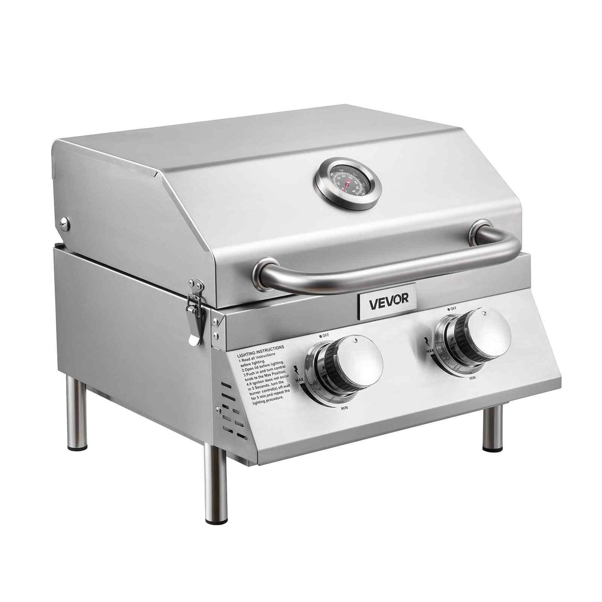 Tabletop Gas Grill, 2-Burner Stainless Steel Portable Propane Grill, with Built-in Thermometer, Travel Locks, Weatherproof Lid, 15,000 BTU Total, for Outdoor Cooking, Patio, Party, Camping, RV