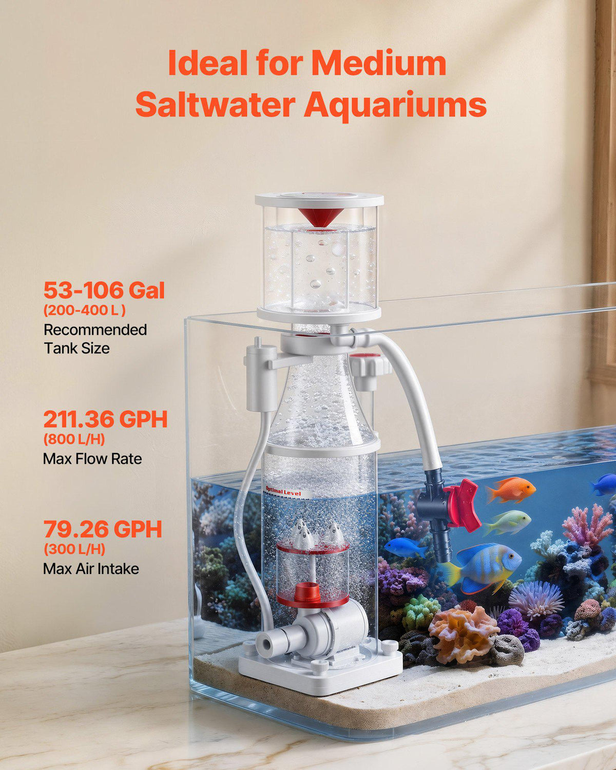 Protein Skimmer for 53-106 Gal Saltwater Aquariums Internal with Pump, Protein Skimmer with DC Pinwheel Pump, Adjustable Control, Air Silencer, for 53-106 Gallon Saltwater Aquariums & Reef Tank