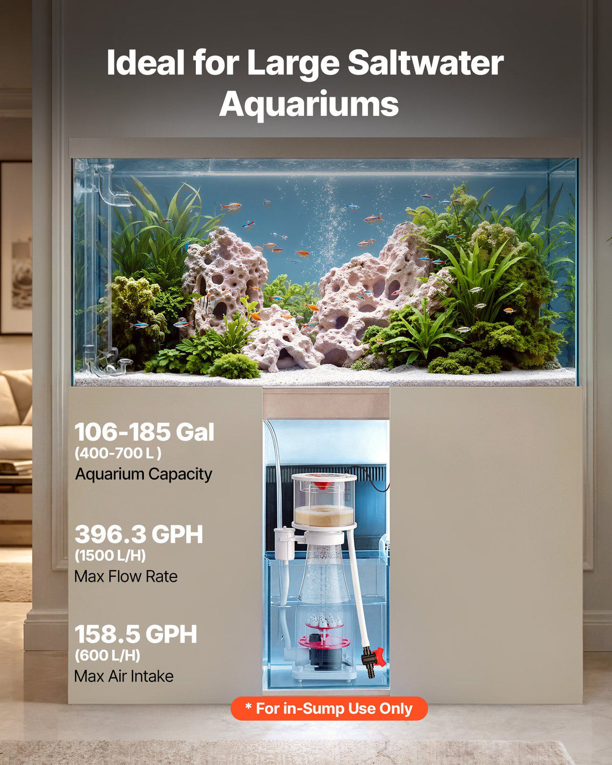 Protein Skimmer for 106-185 Gal Saltwater Aquariums In Sump with Pump, Protein Skimmer with DC Pinwheel Pump, Adjustable Control, for 106-185 Gal Saltwater Aquarium & Reef Tank, In Sump Use Only