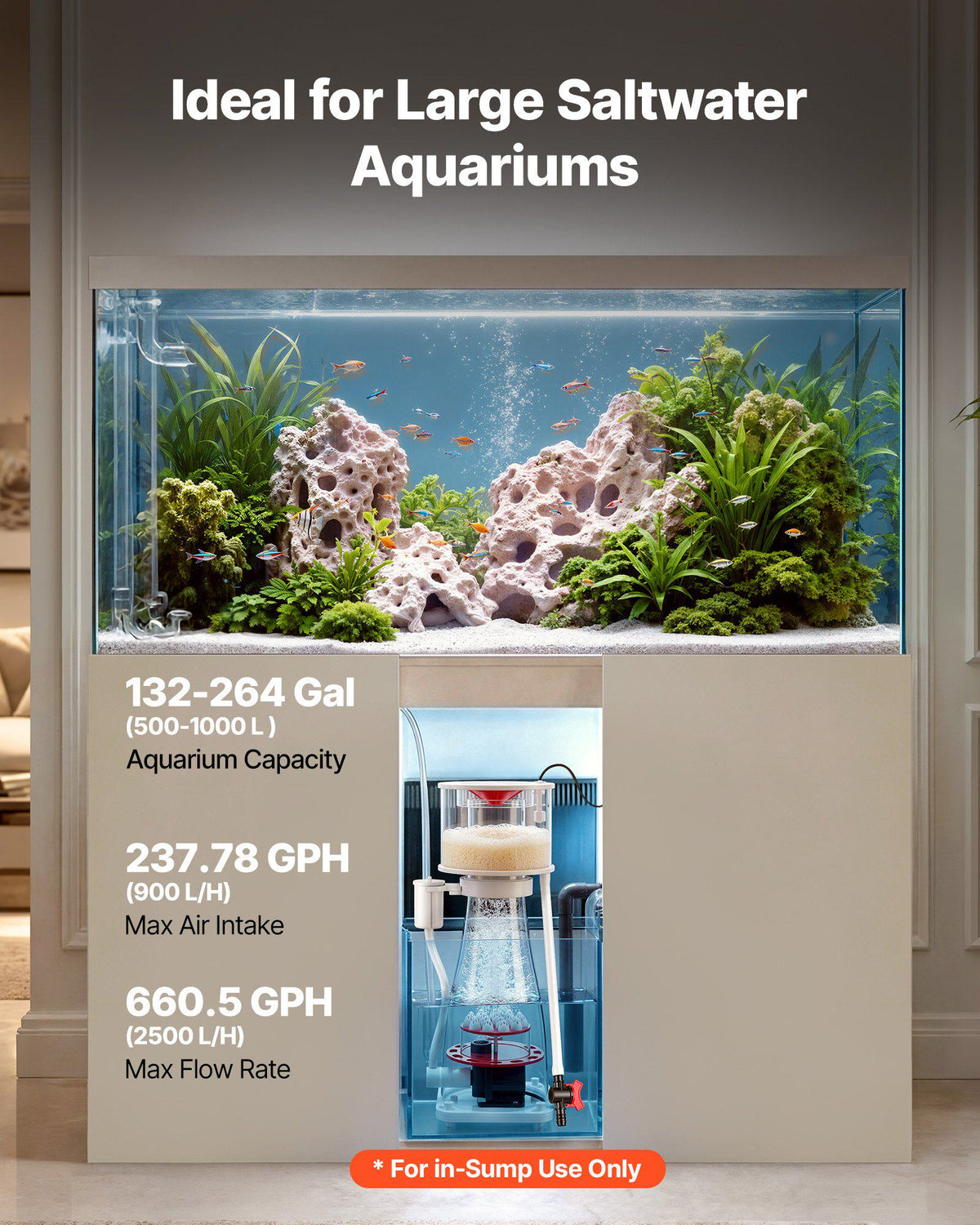 Protein Skimmer for 132-264 Gal Saltwater Aquariums In Sump with Pump, Protein Skimmer with DC Pinwheel Pump, Adjustable Control, for 132-264 Gal Saltwater Aquarium & Reef Tank, In Sump Use Only