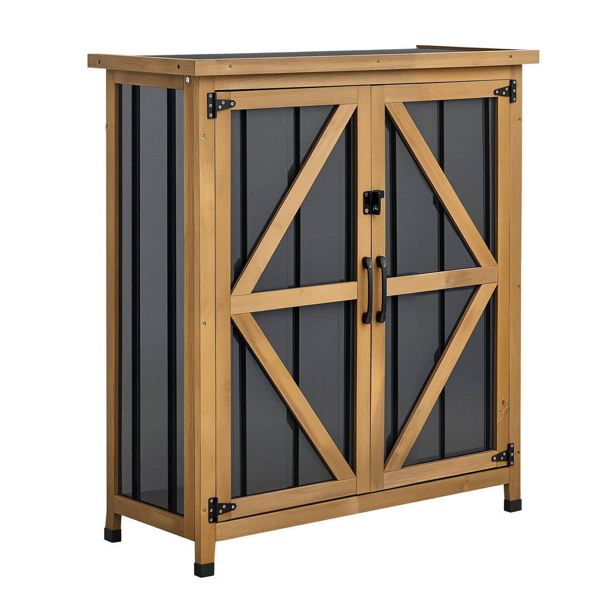 Outdoor Storage Shed, 33.86" x 37.4" Wood & Metal Garden Tool Shed with Lockable Doors & Sloped Roof, Waterproof Outside Storage Cabinet with Shelf & Floor for Backyard Patio Lawn, Black/Brown