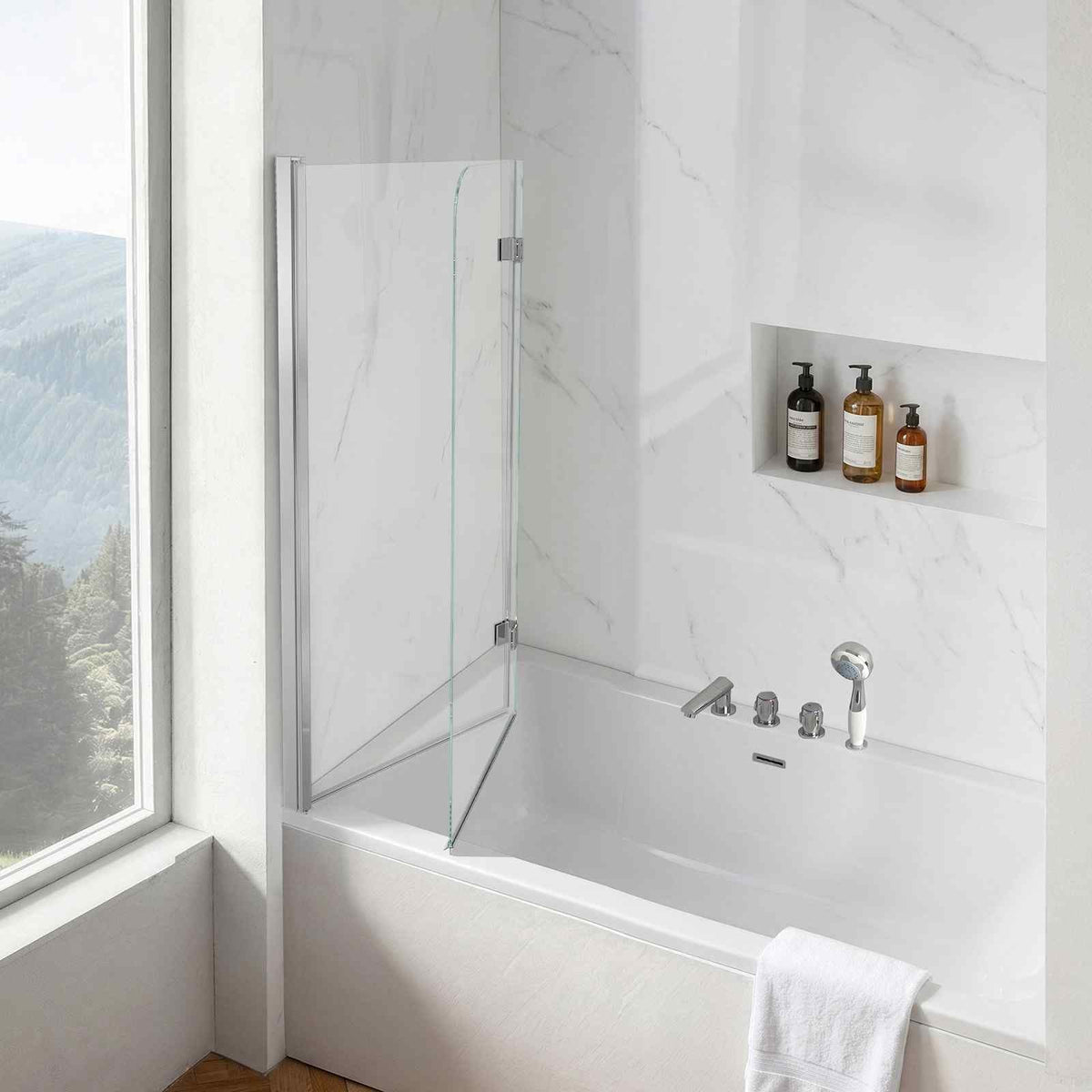 Bathtub Shower Door 47" W x 55" H Semi-Frameless Bi-Fold Tub Door, 1/4" Clear Tempered Glass, Easy-Clean Nano Coating, 180° Folding, Adjustable Sealing Strip, for Home Bathroom Tub, Silver