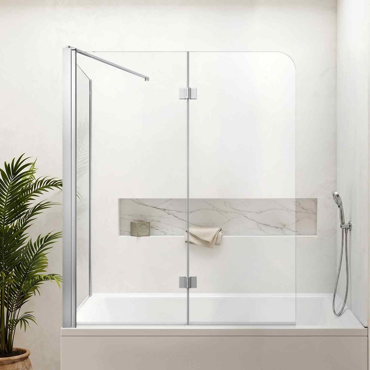 Bathtub Shower Door 27.5"/47"W x 55"H Semi-Frameless Bi-Fold Tub Door, 1/4" Clear Tempered Glass, Easy-Clean Nano Coating, 180° Folding, 1 Fixed and 2 Foldable Panels, for Bathroom Tub, Silver
