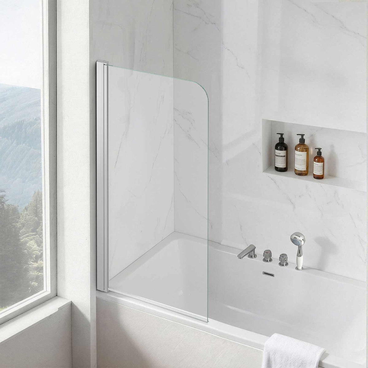 Bathtub Shower Door 27.5" W x 55" H Frameless Pivot Tub Door, 1/4" Clear Tempered Glass, Easy-Clean Nano Coating, 180° Folding, Adjustable Sealing Strip, for Home Bathroom Tub, Silver