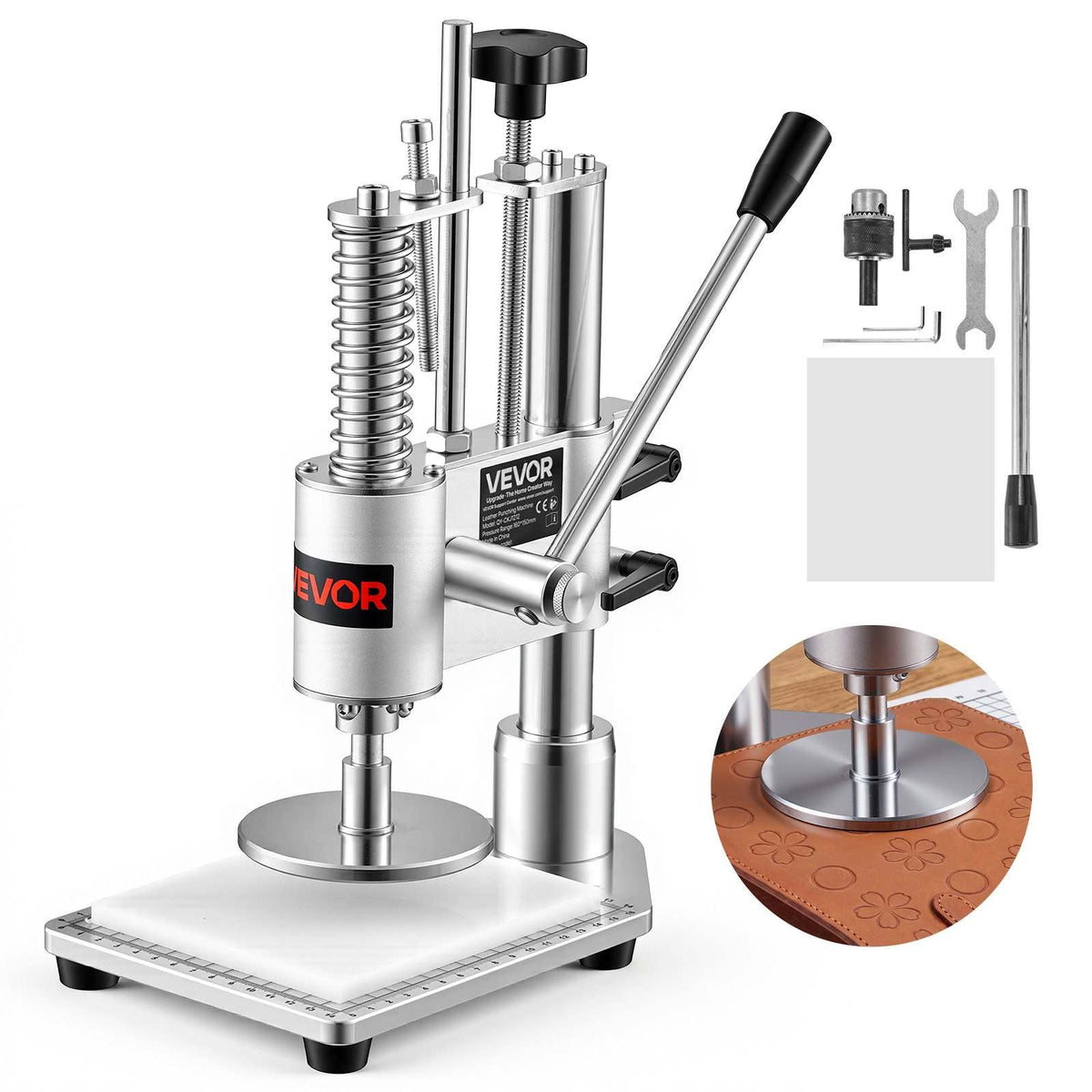 Leather Punching Machine 3.94 x 3.94 in Manual Leather Hole Puncher, Hand Punch Press, 352.74 lbs Pressure, 1.57 in Stroke, Chuck Fixation, Sturdy Structure, for Fabric, Paper, and Silicone