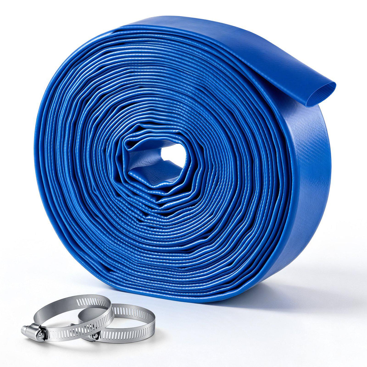 Discharge Hose 1-1/2" x 50 ft PVC Lay Flat Backwash Water Pump Hose, for Swimming Pool Sand Filter & Sump Pump, Heavy Duty, Water Transfer Drainage, Weather & Burst-Resistant, with Clamps, Blue