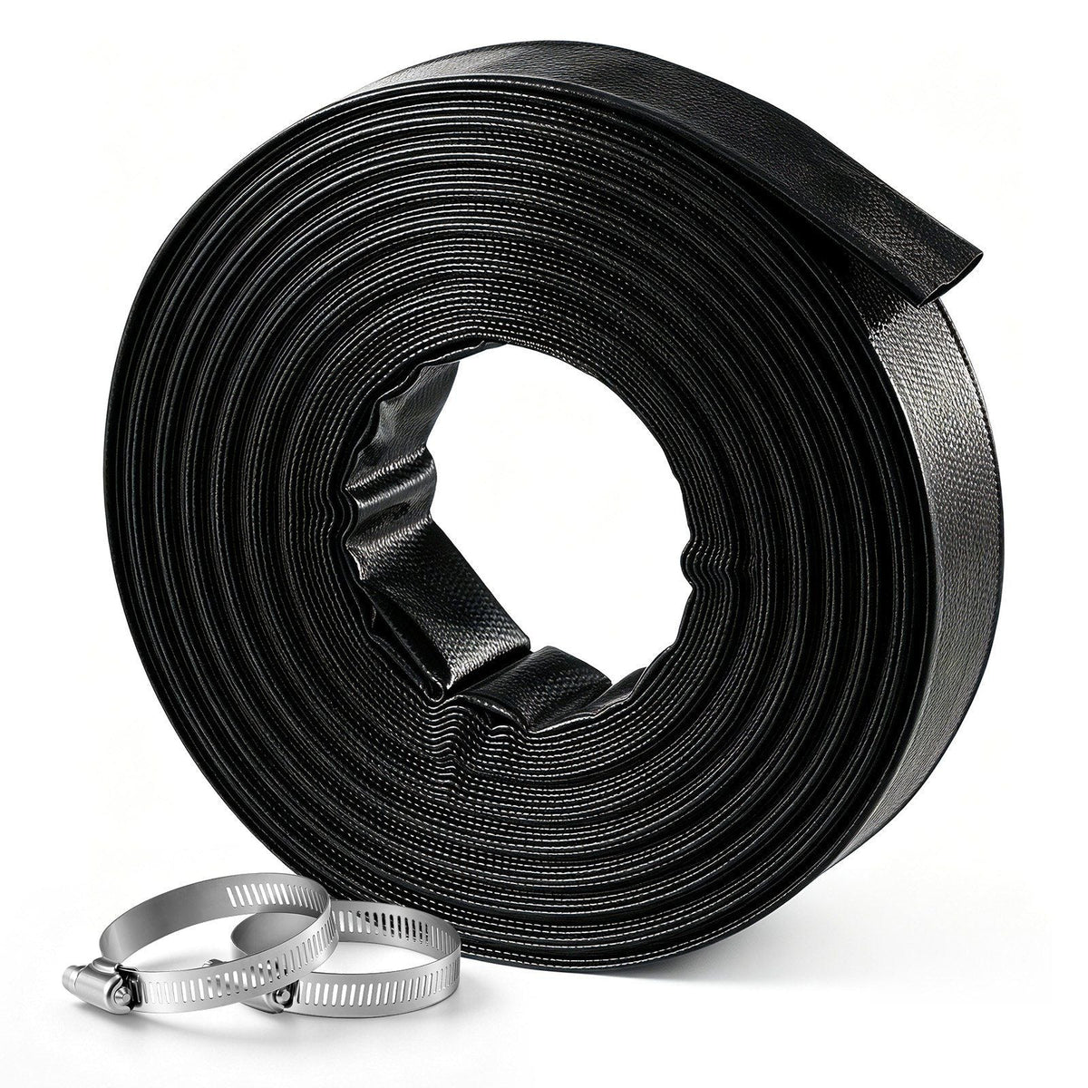 Discharge Hose 2" x 100 ft PVC Lay Flat Backwash Water Pump Hose, for Swimming Pool Sand Filter & Sump Pump, Heavy Duty, Water Transfer Drainage, Weather & Burst-Resistant, with Clamps, Black