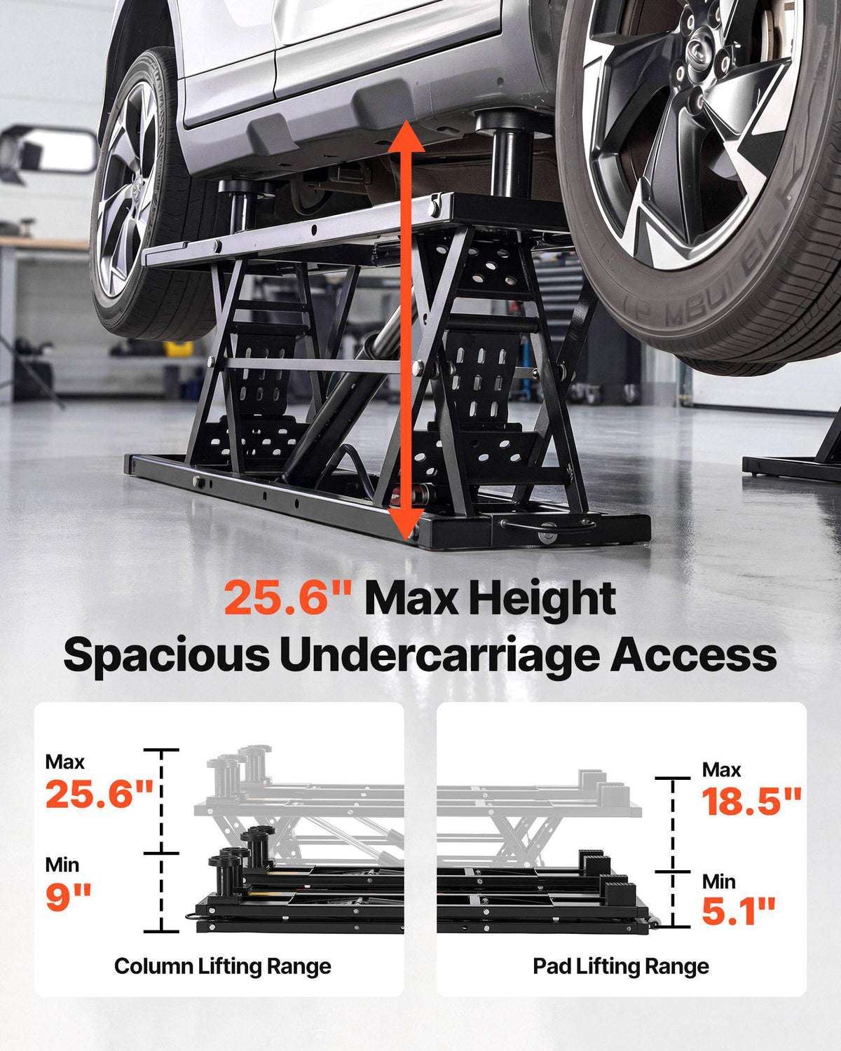 Portable Car Lift, 5000 lbs Capacity, Heavy Duty Quick Lift with 25.6" Max Height, Pneumatic Pump, Wheels, 4 Rubber Pads & 4 Lifting Columns for Cars, Compact SUVs, Mini Trucks, Garage or Shop