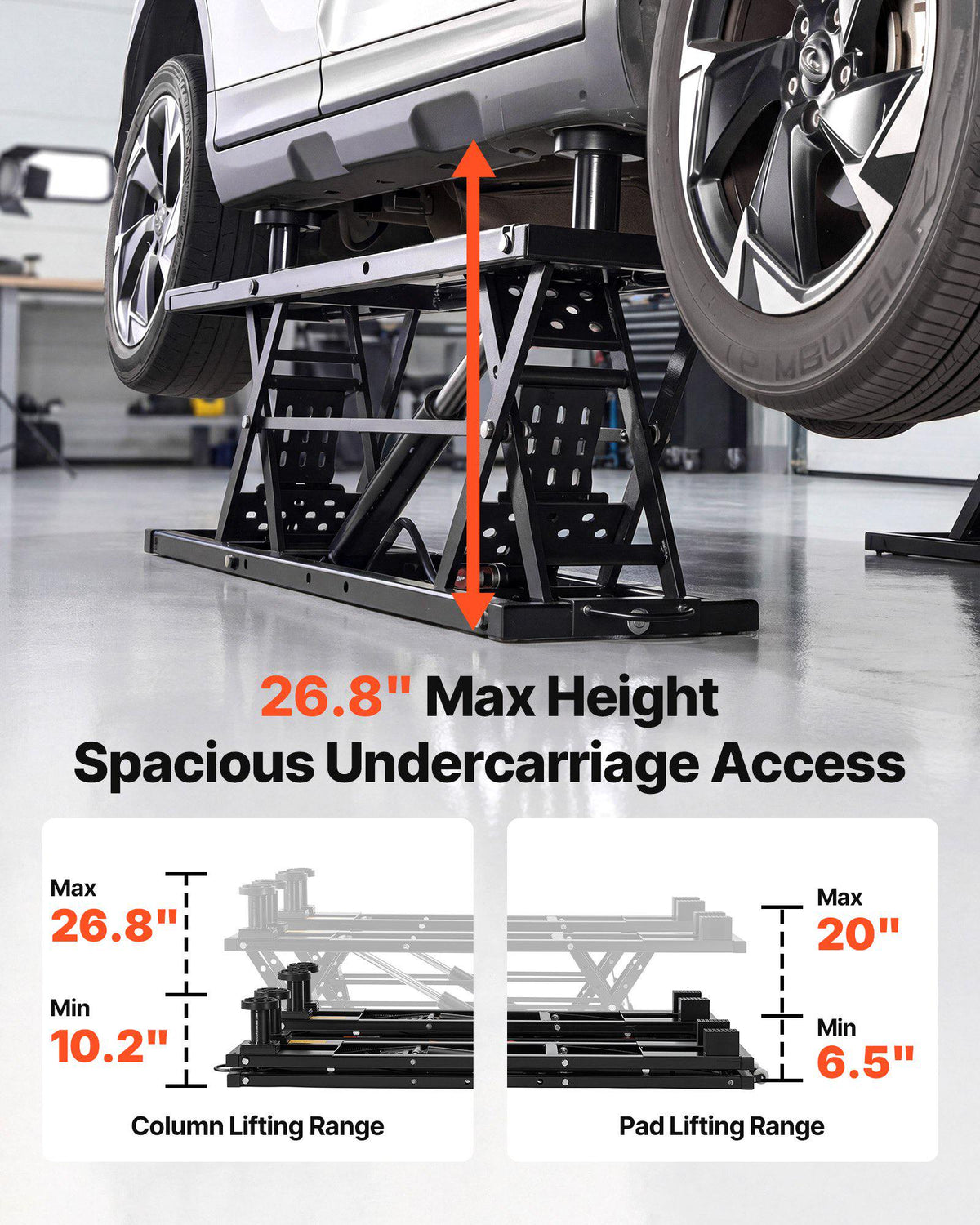Portable Car Lift, 7000 lbs Capacity, Heavy Duty Steel Truck Lift with 26.8" Max Height, Pneumatic Pump, Wheels, 4 Rubber Pads & 4 Lifting Columns for Cars, SUVs, Trucks, Home Garage or Shop Use