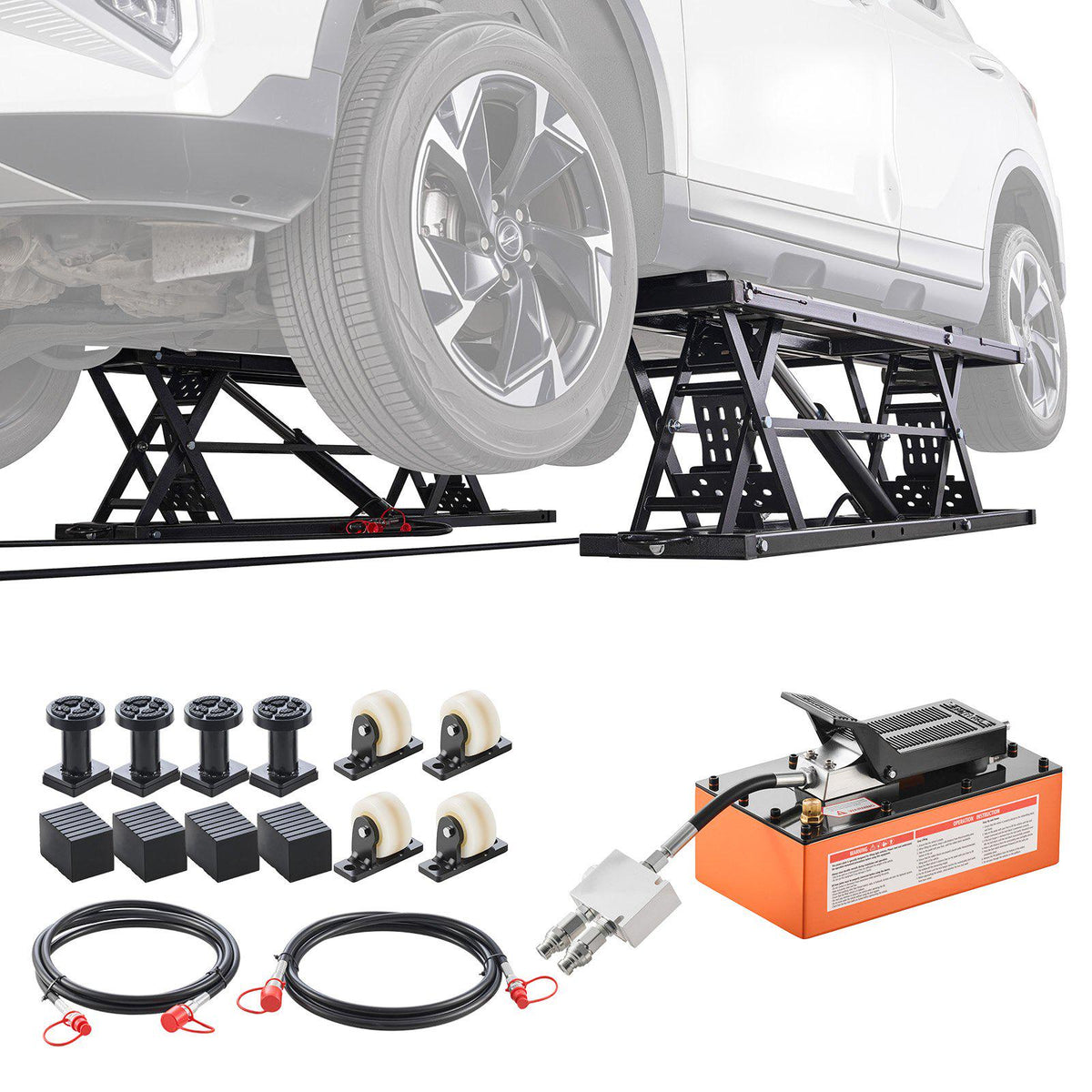 Portable Car Lift, 7000 lbs Capacity, Heavy Duty Steel Truck Lift with 26.8" Max Height, Pneumatic Pump, Wheels, 4 Rubber Pads & 4 Lifting Columns for Cars, SUVs, Trucks, Home Garage or Shop Use