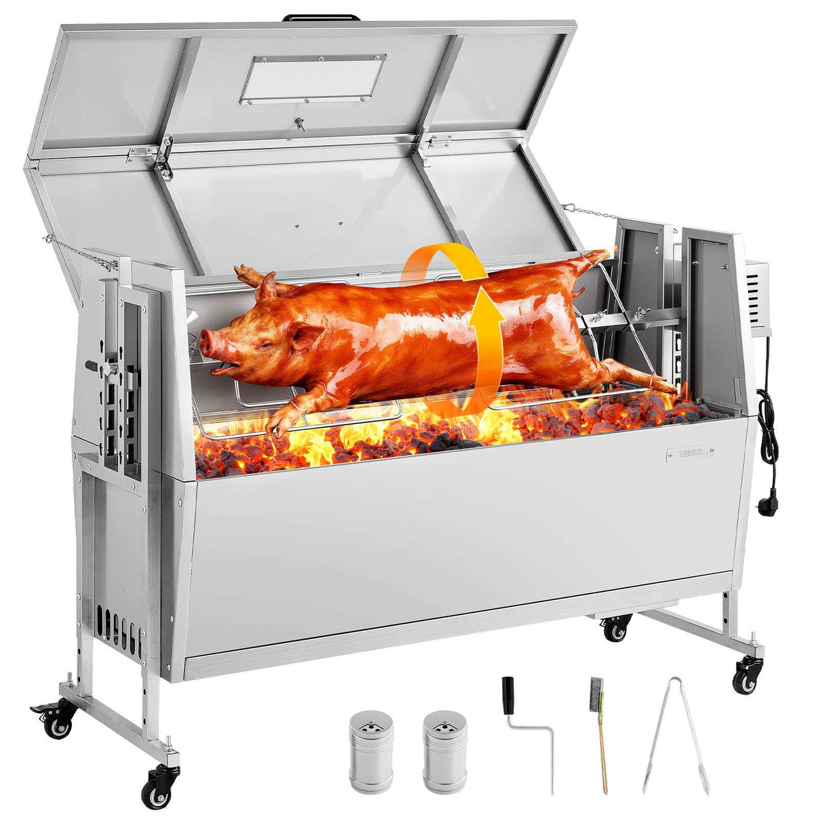 Rotisserie Grill 38W BBQ Outdoor Pig & Lamb Spit Roaster, Charcoal Spit Roaster with 132 LBS Capacity, Wheels & 4-Level Height, Stainless Steel Rotisserie Grill Kit for Camping Outdoor Parties