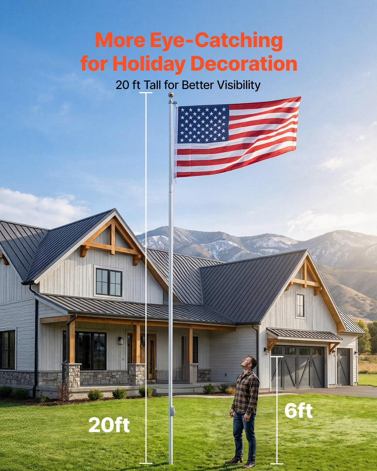 Flag Pole, 20ft Heavy Duty Sectional Flagpole Kit for Outside House In Ground, Extra Thick Outdoor Aluminum Flagpole Kit with 3x5 American Flag for Yard, Residential or Commercial Use, Silver