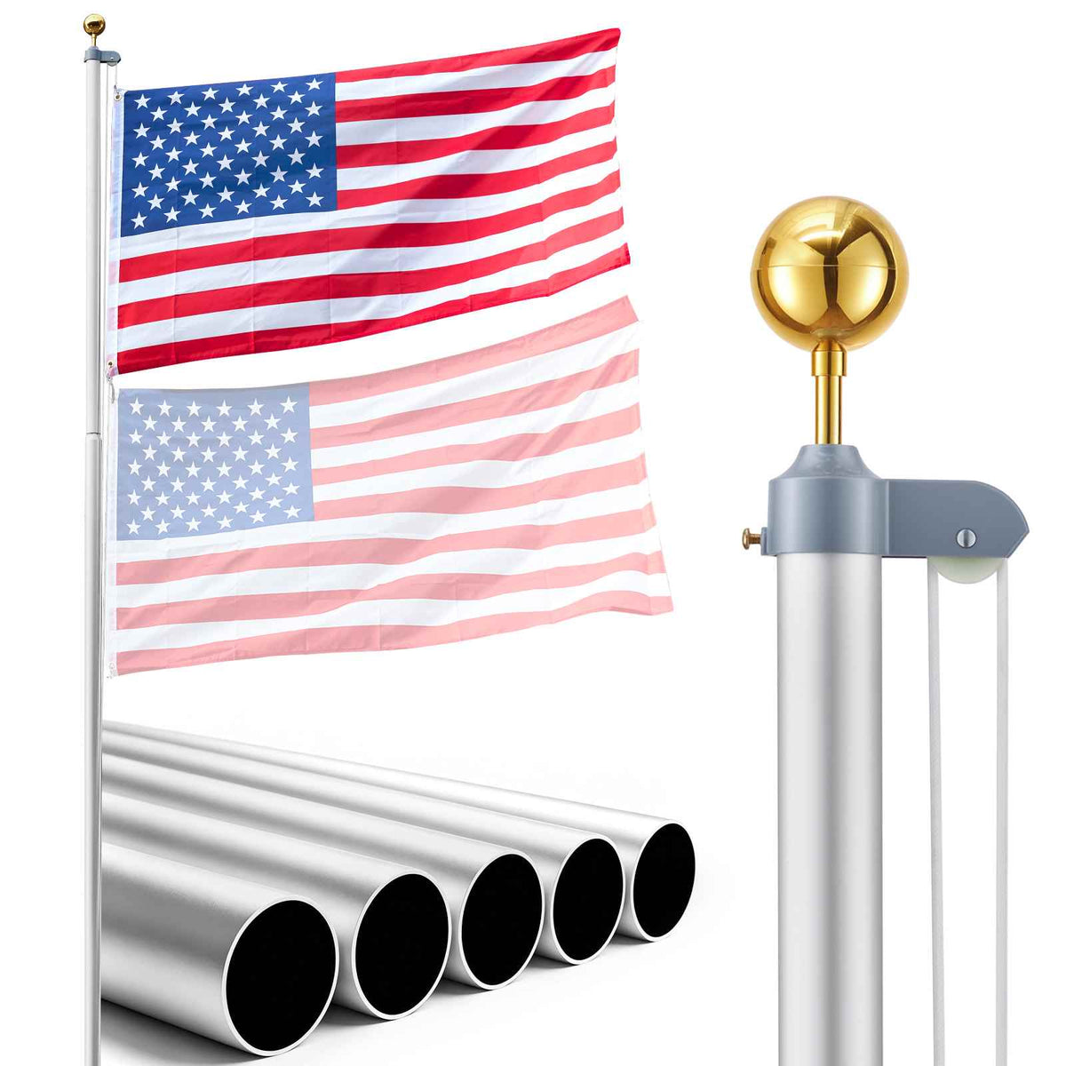 Flag Pole, 20ft Heavy Duty Sectional Flagpole Kit for Outside House In Ground, Extra Thick Outdoor Aluminum Flagpole Kit with 3x5 American Flag for Yard, Residential or Commercial Use, Silver
