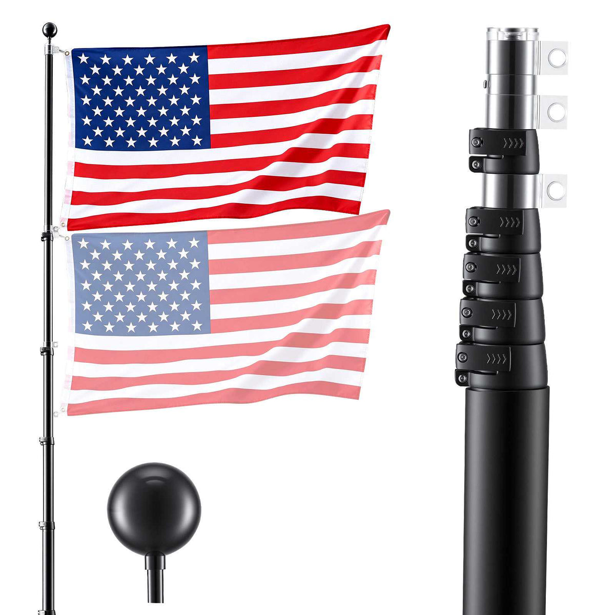 Flag Pole, 30ft Heavy Duty Telescopic Flagpole Kit for Outside House In Ground, Extra Thick Outdoor Aluminum Flagpole Kit with 3x5 American Flag for Yard, Residential or Commercial Use, Black