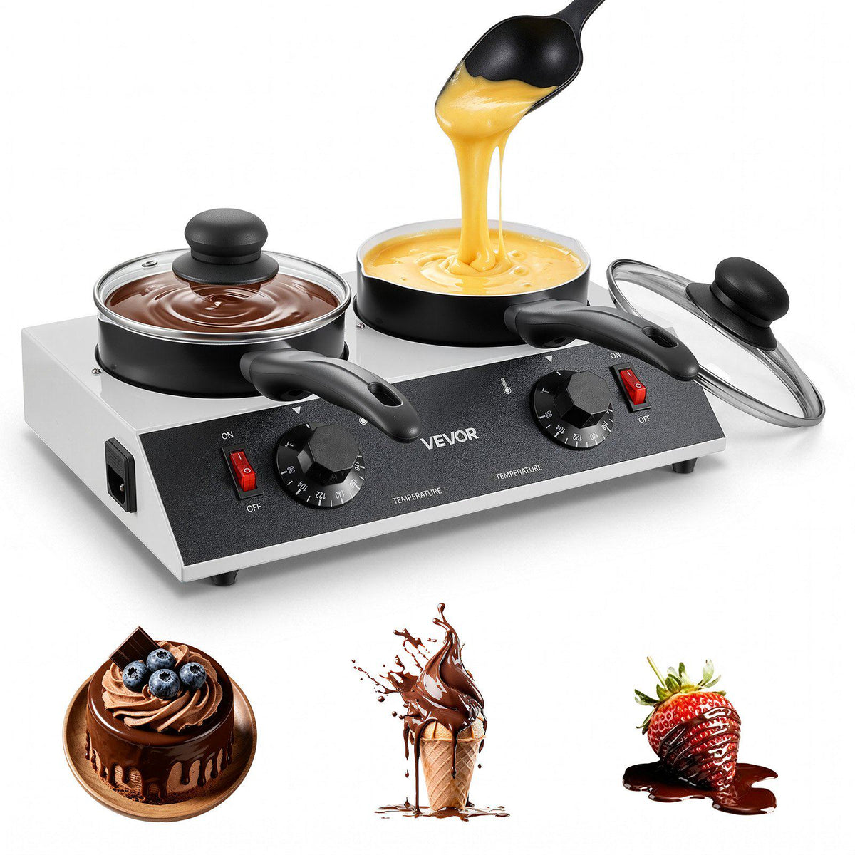 Chocolate Melting Pot - 2 x 1 QT Pots, 86℉ - 185℉ Choc Warm Machine, 80W Even Cheese Melter, 2 Knobs Temp Control, 2 Ceramic Coated Pots, Electric Warmer for Mulled Milk Candy, Commercial & Home