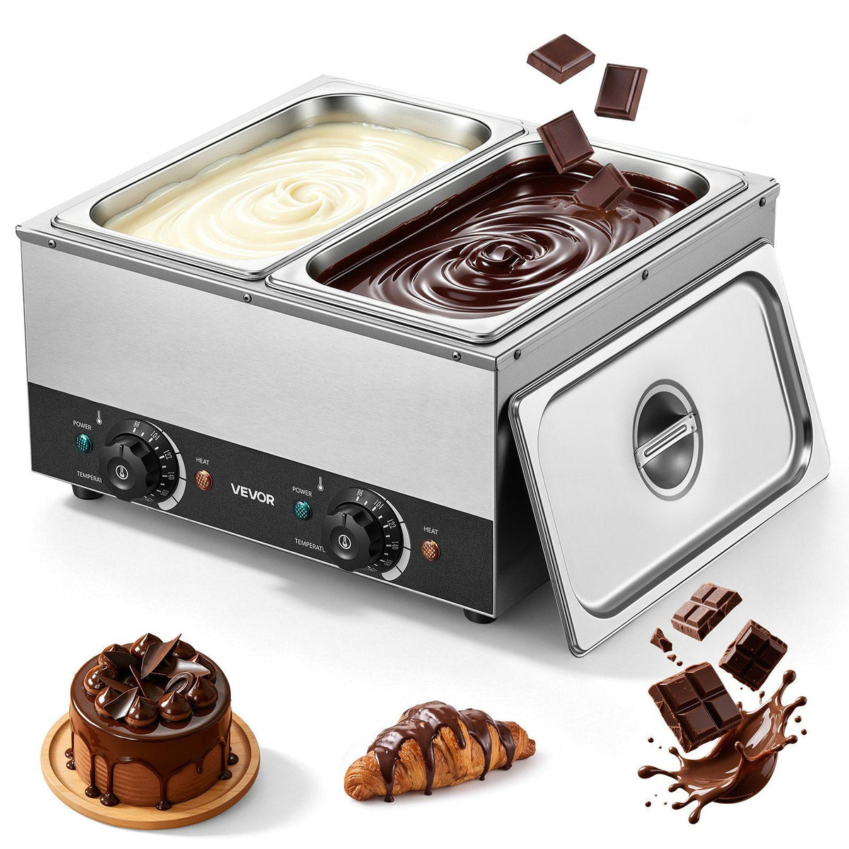 2-Temp Knob Chocolate Melting Machine, 2 Tanks 17.6 Lbs Choc Melter, 1600W Power, Independent Temp Control, Water Bath Heat System, Stainless Steel, 86℉ - 185℉, Cheese Warmer, Commercial & Home