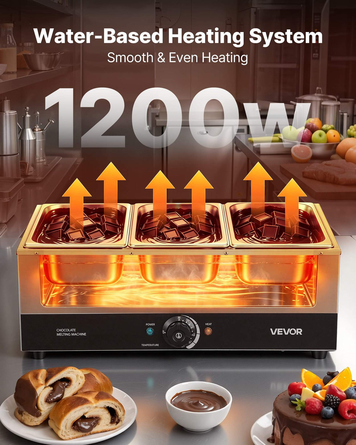 Chocolate Melting Machine, 3 Tanks 27 Lbs Choc Commercial Melter, 1200W High Power, Water Bath Heating System, Stainless Steel Body, 86℉- 185℉ Temp Range, Chocolate Warmer for Cheese Milk